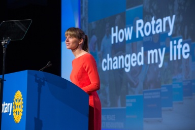 2010-12 Rotary Peace Fellow Anne Kjaer Reichert speaks at general session 5 of the International Assembly, 18 January 2017, San Diego, California, USA.